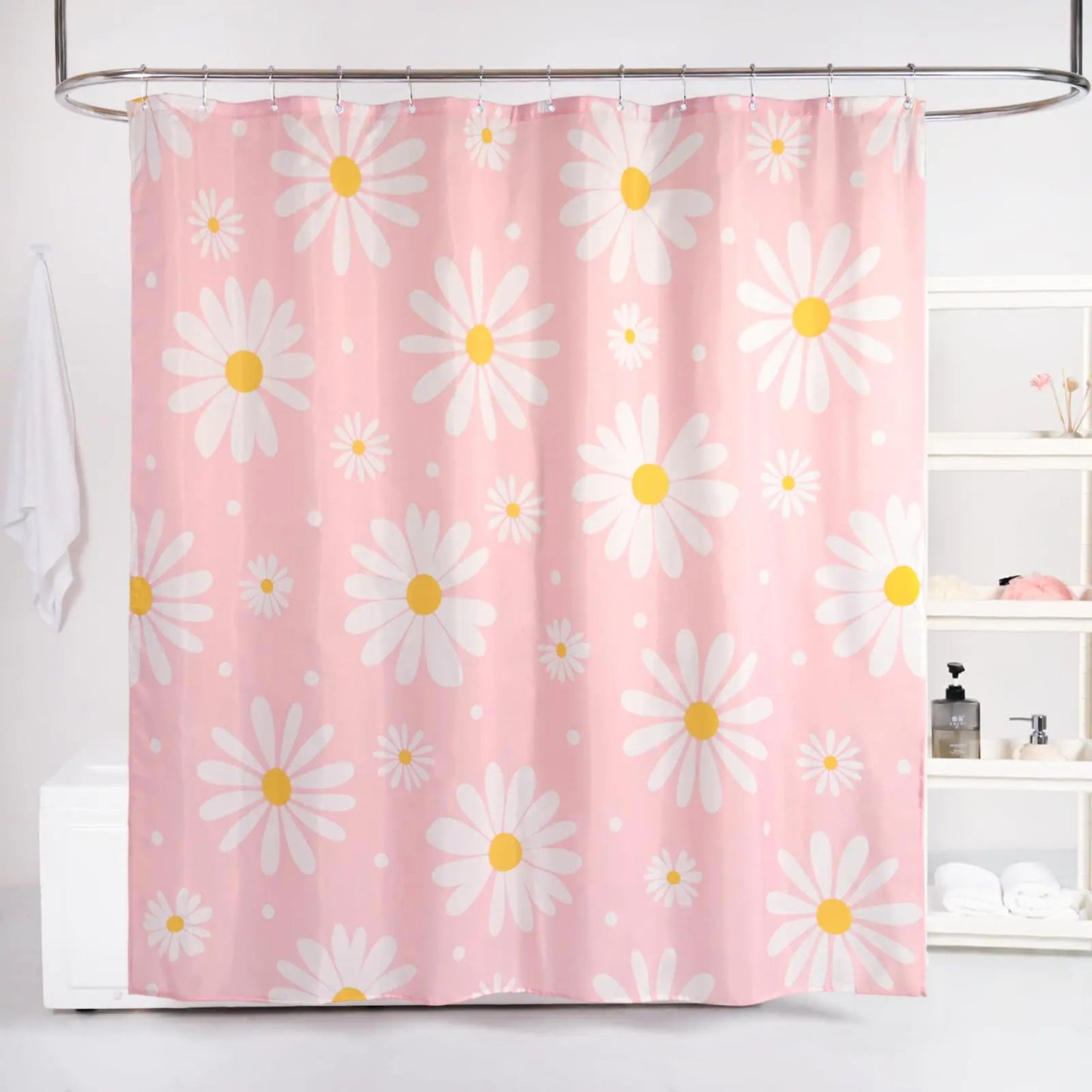 Pink & White Daisy Shower Curtain Set Washable Waterproof Fabric with 6 Hooks 36x72 inch - Kia Day Design
