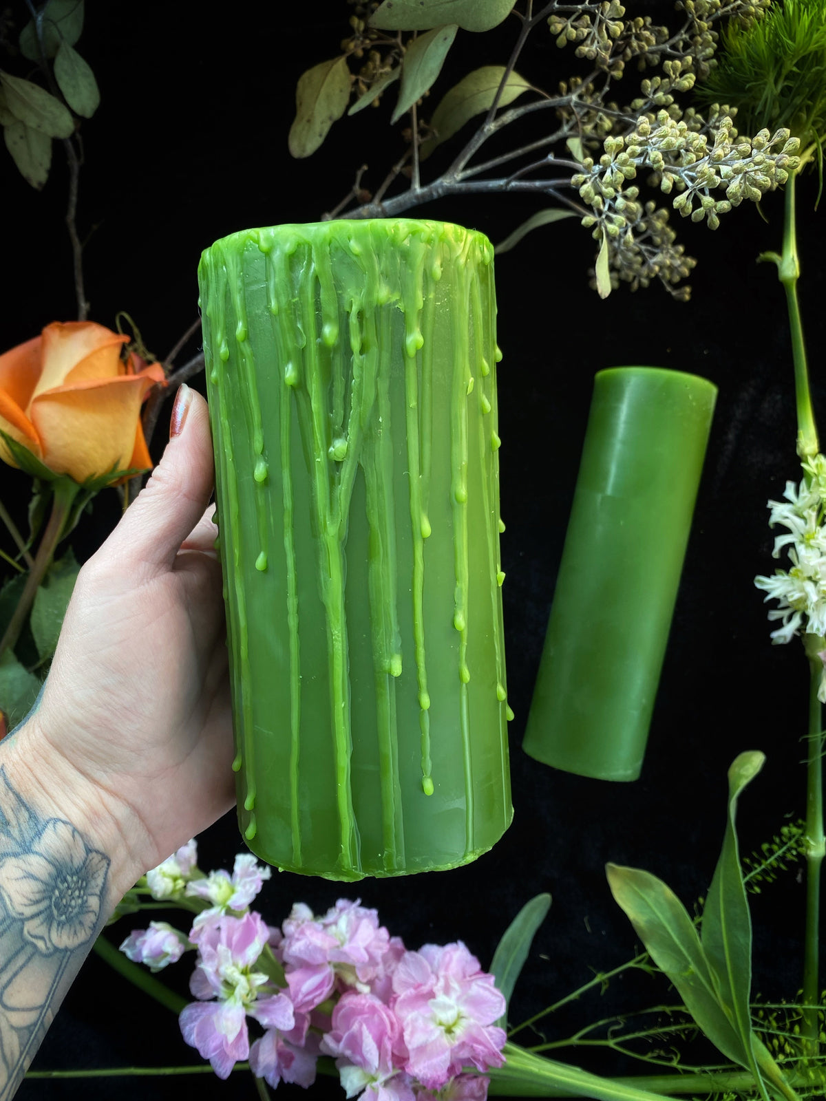 Green Beeswax Pillar Ritual Candles - 24 oz 3.5” x 6” Circular Dripped Beeswax - Candles