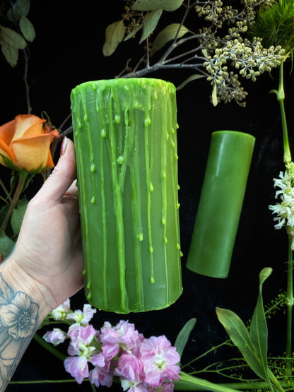 Green Beeswax Pillar Ritual Candles - 24 oz 3.5” x 6” Circular Dripped Beeswax - Candles