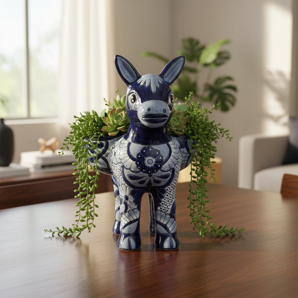 Large Talavera Donkey Planter Blue and White Ceramic Burro Pot - - Talavera Planter