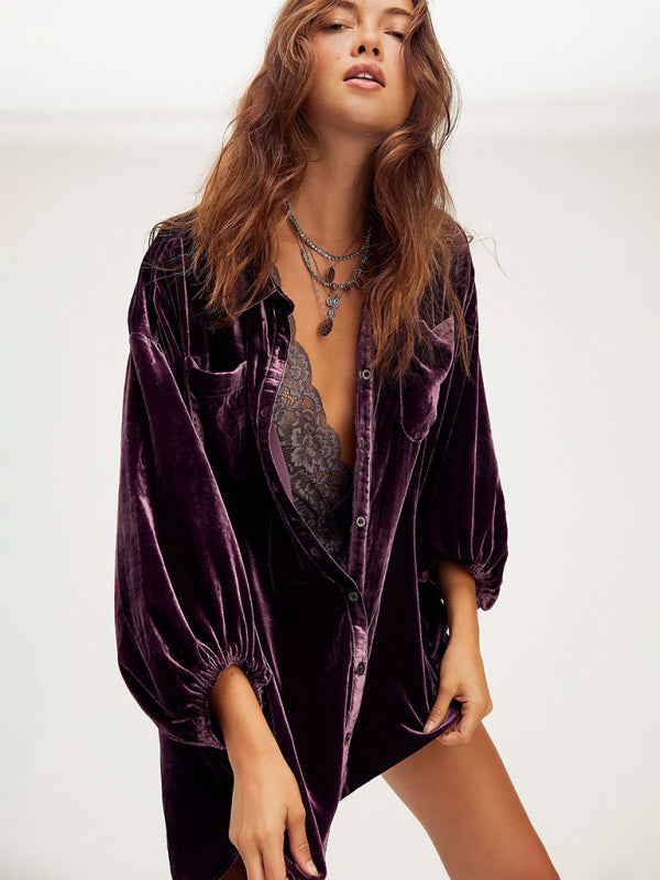 Women's Gold Velvet Casual Swing Collar blouse - Purple - Women's Fashion - Women's Clothing - Blouses & Shirts