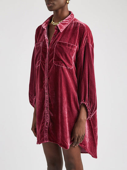 Women's Gold Velvet Casual Swing Collar blouse - Wine Red - Women's Fashion - Women's Clothing - Blouses & Shirts