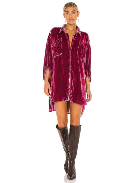 Women's Gold Velvet Casual Swing Collar blouse - -