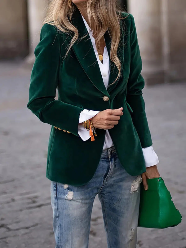 Women's Velvet Suit Jacket - Slim Fit - Multiple Colors - Four Season - Green -