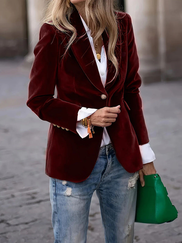 Women's Velvet Suit Jacket - Slim Fit - Multiple Colors - Four Season - Wine Red -
