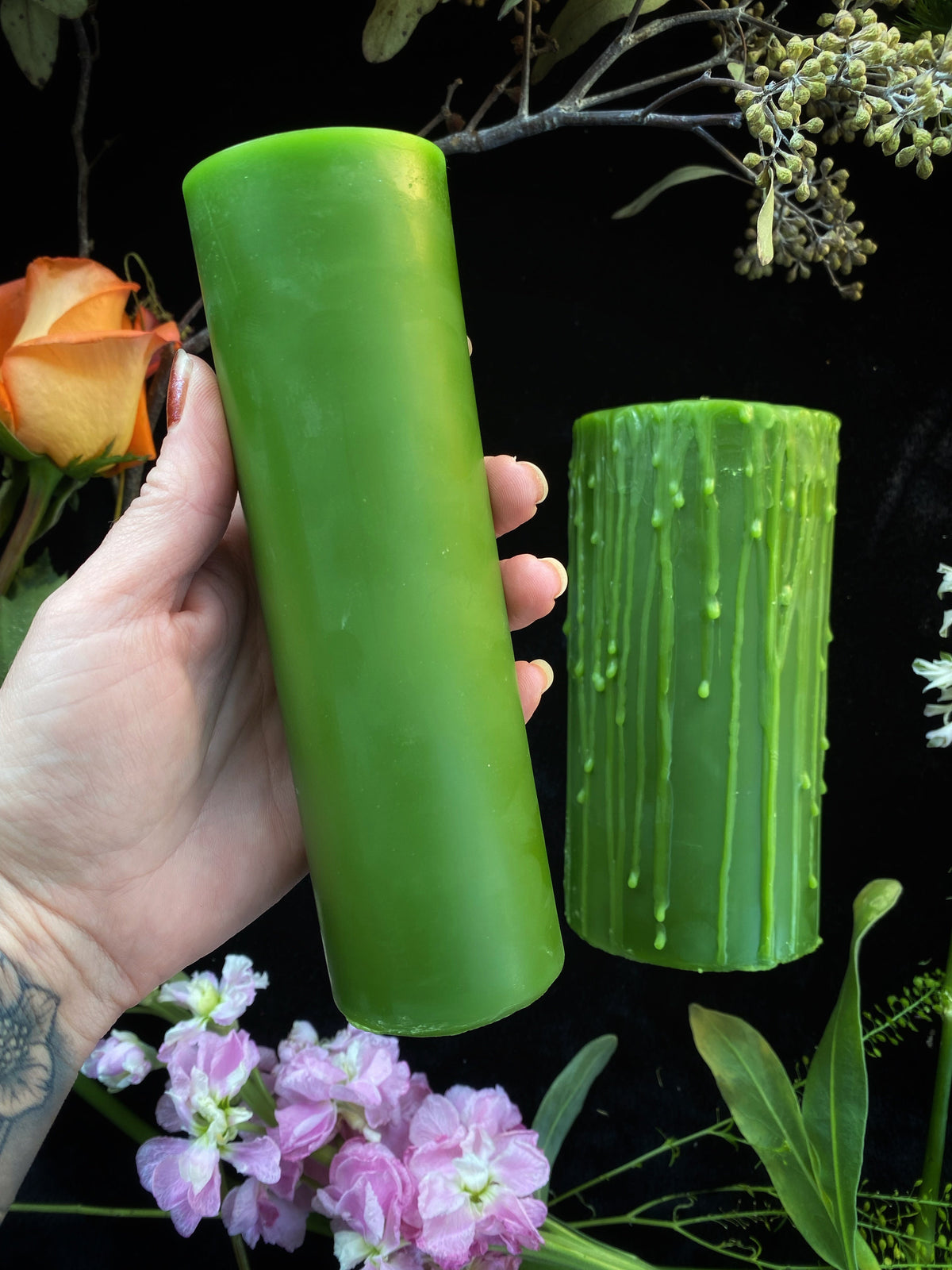 Green Beeswax Pillar Ritual Candles - - Candles