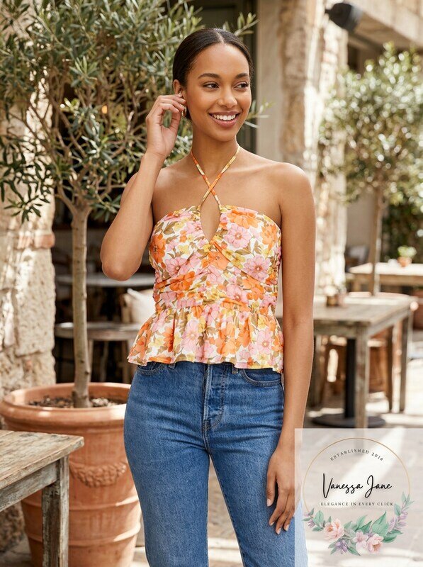 Aqua Retro Floral Halter Top, Size Medium - M Orange - New with tags