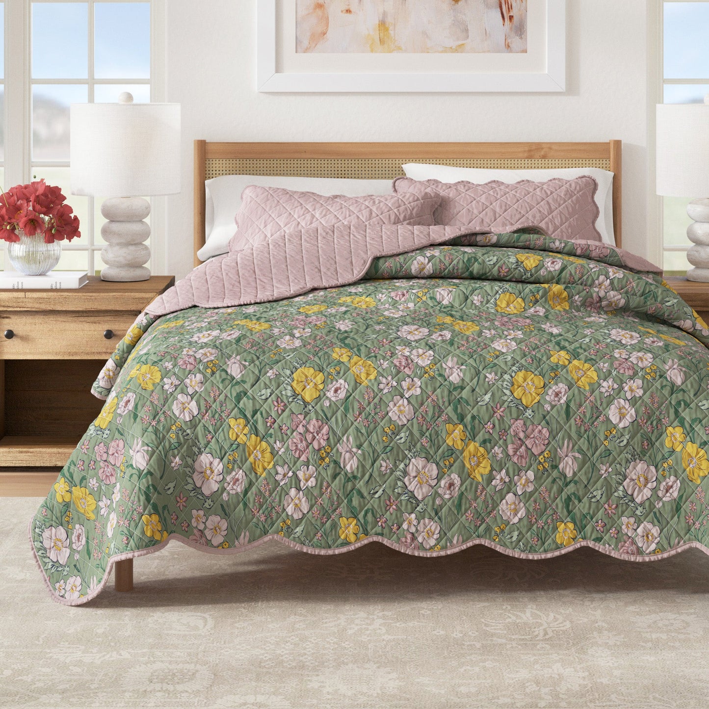 Floral Print & Scalloped Cotton Quilt Set - Gwen Collection - Floral Dusk - Quilts & Comforters