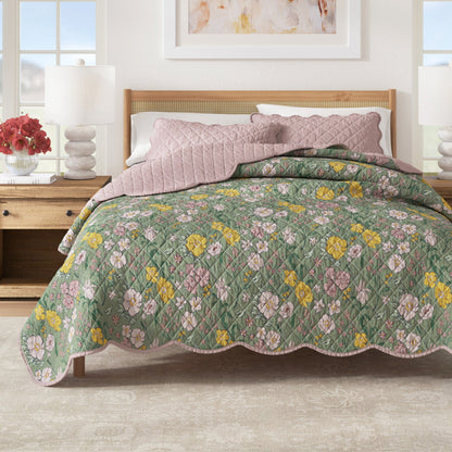 Floral Print & Scalloped Cotton Quilt Set - Gwen Collection - Floral Dusk - Quilts & Comforters