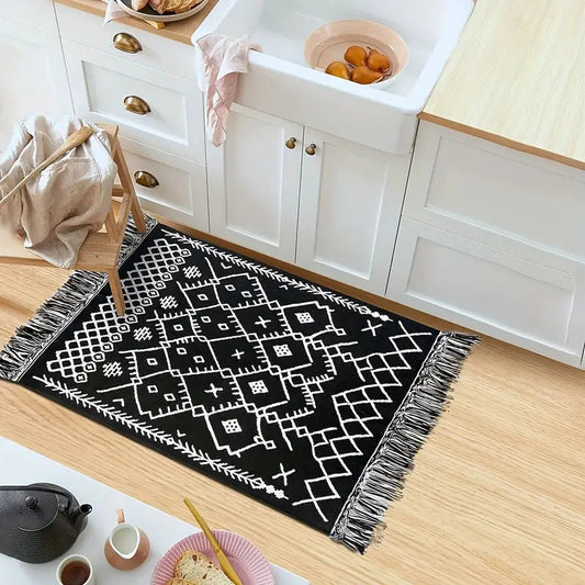 Black and White Doorway Floor Tassel Rug - Kia Day Design