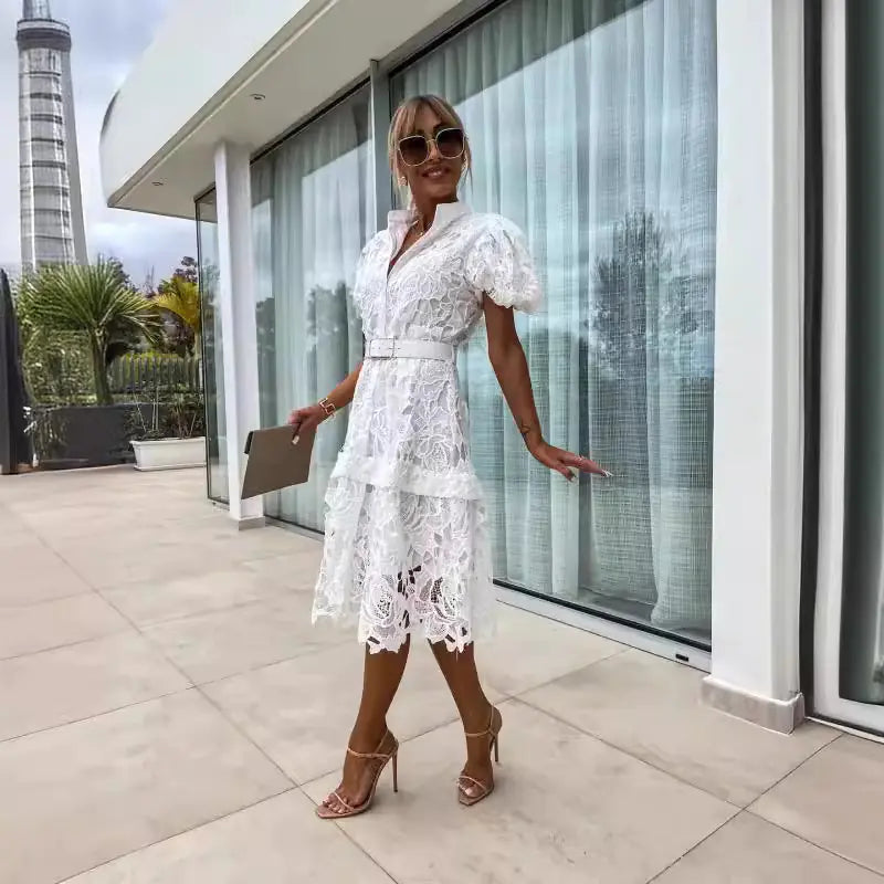 2024 Spring/Summer Short Sleeve Lace Button Dress - Kia Day Design