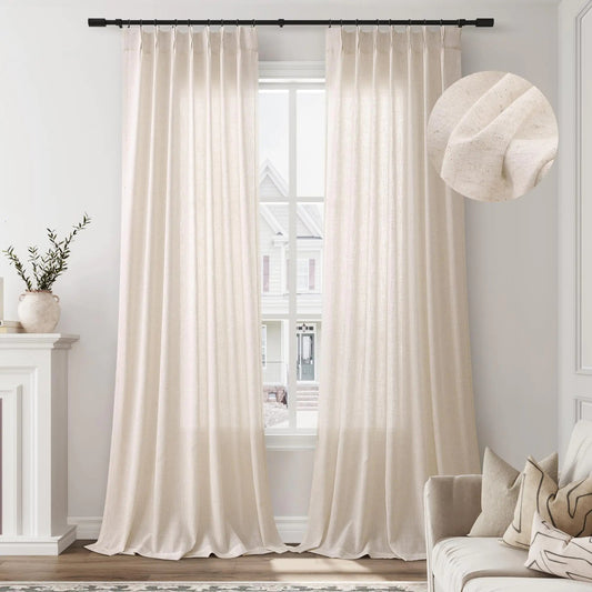 Light Beige Linen Semi Sheer Back Tab Textured Curtains with Hooks 2 Panels - Kia Day Design