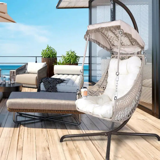 Indoor And Outdoor Swing Egg Chair With Stand, Beige UV Protection Cushion Hanging Chair With Cup Holder Kia Day Design
