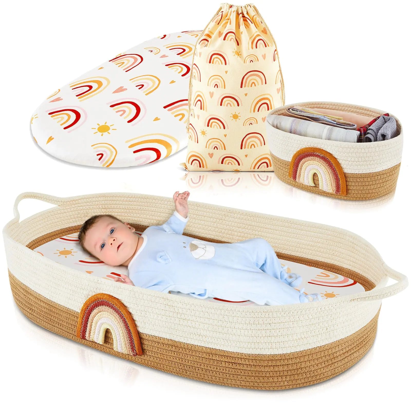 Ziliny Baby Changing Basket Set Baby Diaper Moses Basket Foam Diaper Changing Pad Dressing Table Diaper Changing Cover Storage Bag Rainbow Kia Day Design