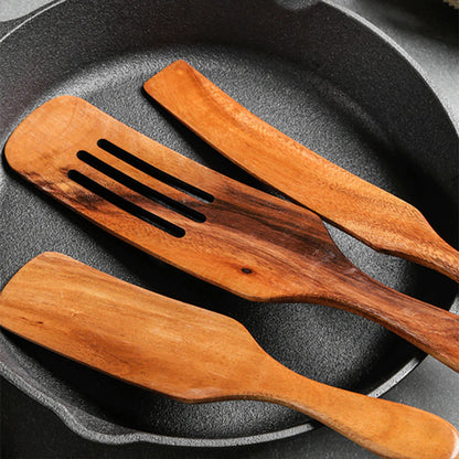 Acacia Teak Wood Long-Handled Cooking Spatula Set