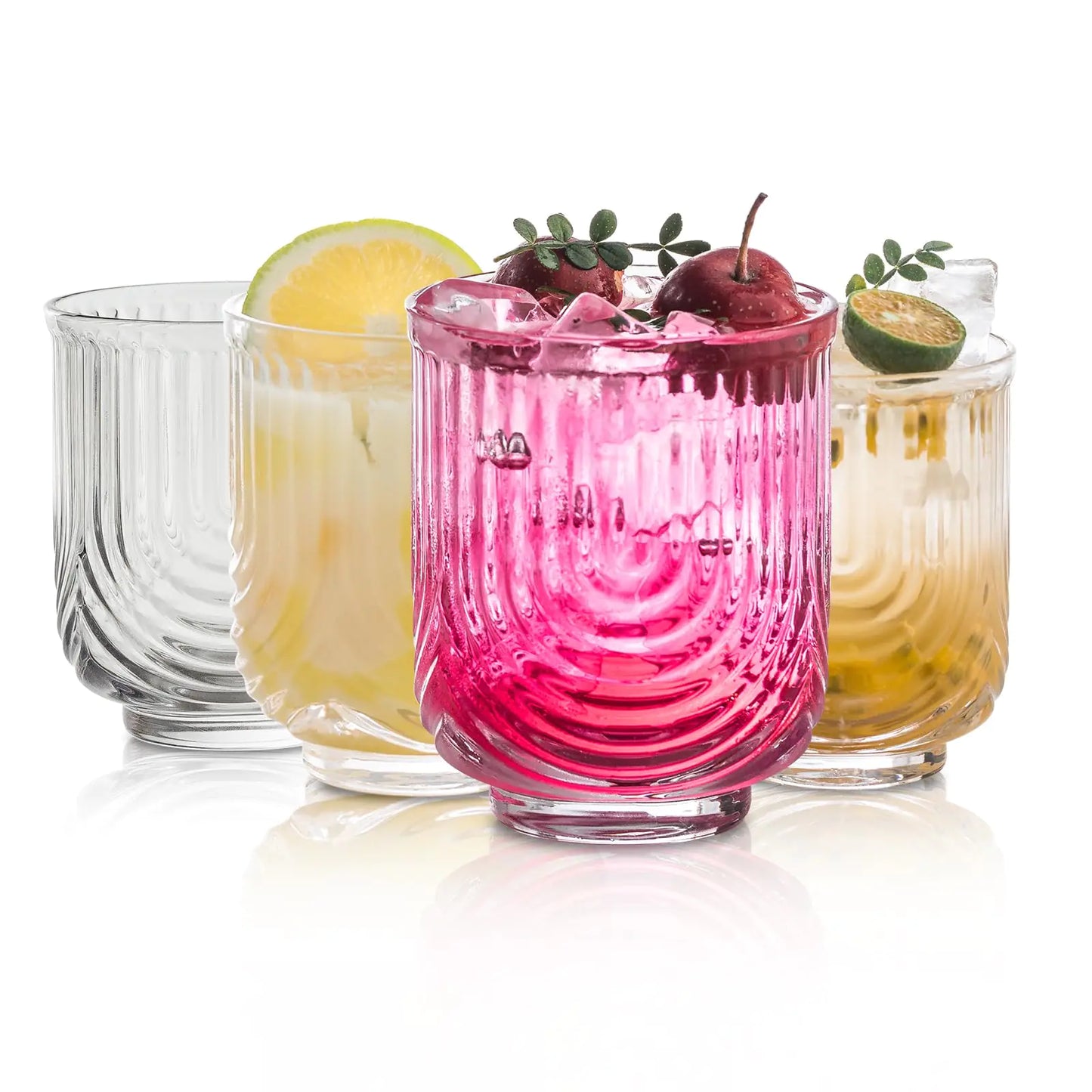 KEMORELA Drinking Glasses Art Deco Cocktail Glasses Set of 4 Glass Cups Arch Design Glassware Trendy Ripple Glass Beverages Ice Coffee Cup Ideal for Whiskey Beer Juice Water (4Pcs 12Oz) Kia Day Design