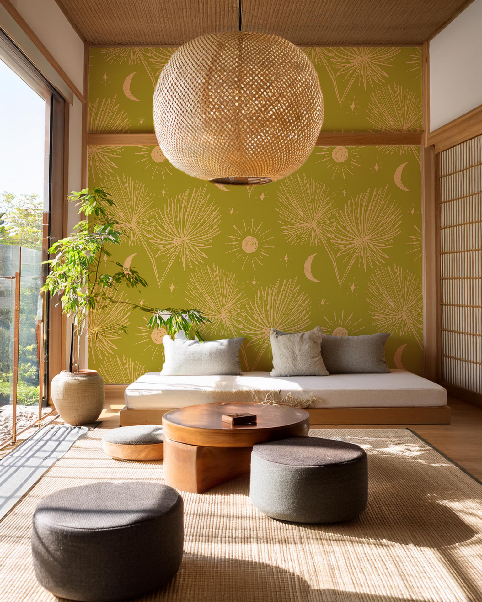 Night Palm Wallpaper, chartreuse and peach- Samantha Santana Creative- {{Product type}}