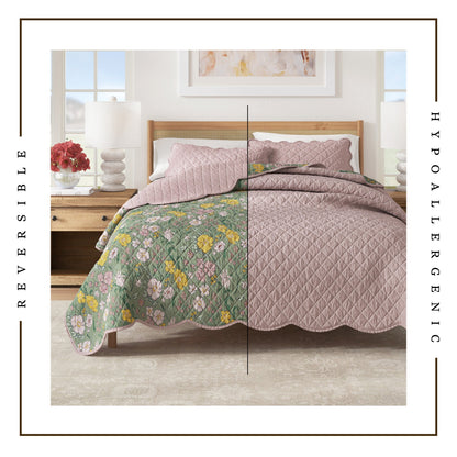 Floral Print & Scalloped Cotton Quilt Set - Gwen Collection - - Quilts & Comforters