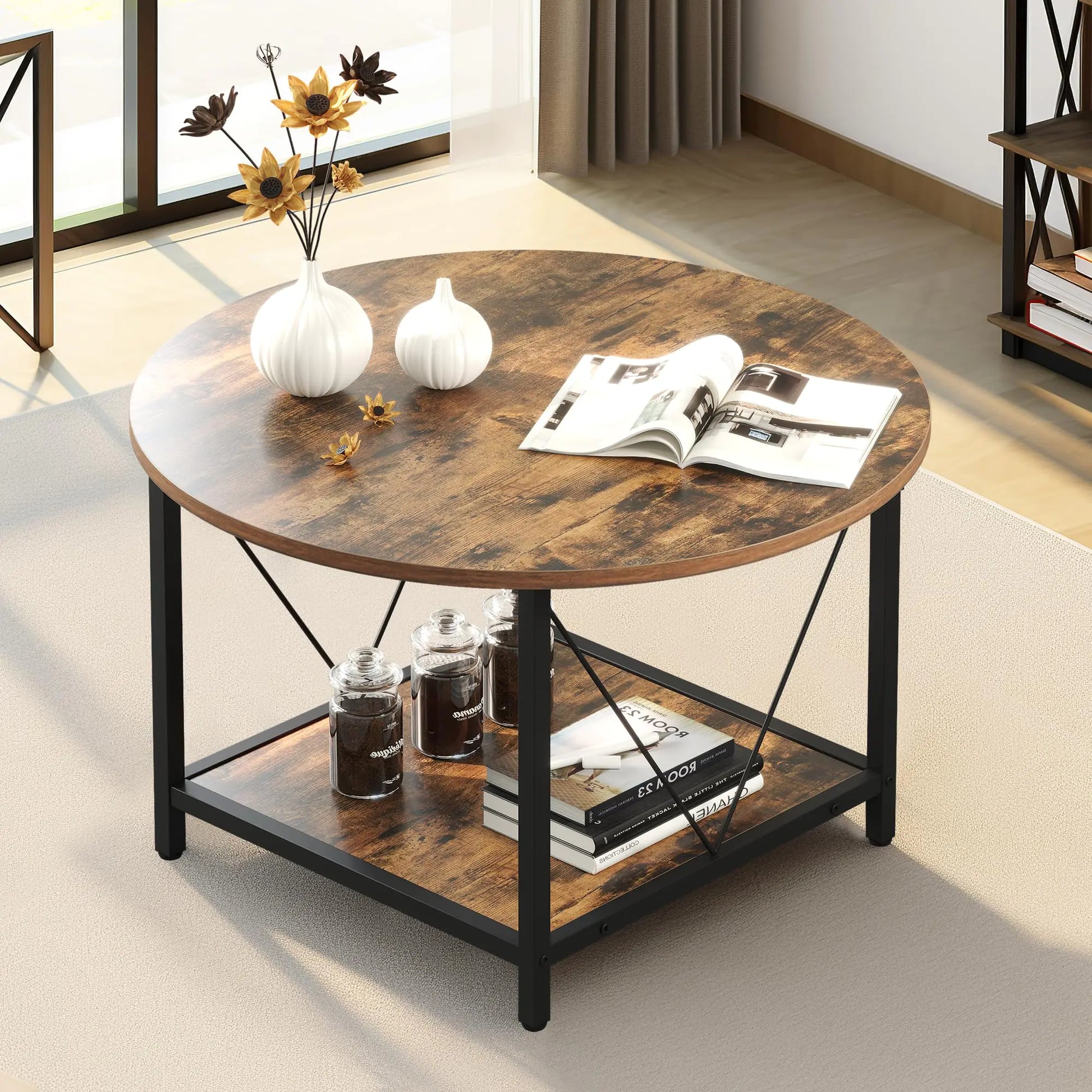 YITAHOME Round Coffee TableRustic Wood Coffee Tables for Living Room with Storage Shelf Modern Farmhouse Circle Coffee Table Center with Sturdy Metal Legs Home FurnitureRustic Brown Kia Day Design