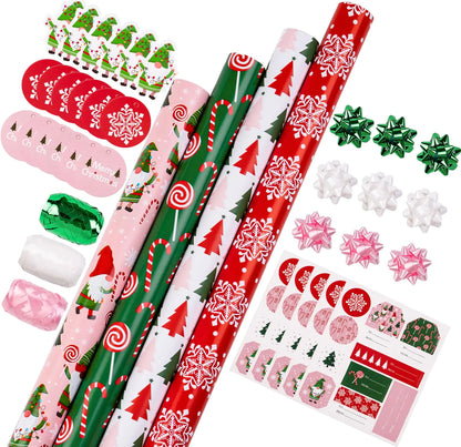 WRAPAHOLIC Christmas Gnome Elf Holiday Collection Wrapping Paper Bundle - - wrapping paper