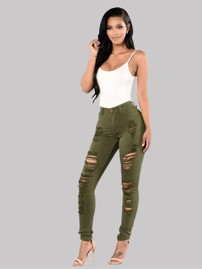 High-Rise Distressed Skinny Jeans in Burgundy & Olive Kia Day Design