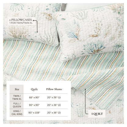 Coastal Printed Cotton Quilt Set - Santa Barbara Collection - - Quilts & Comforters