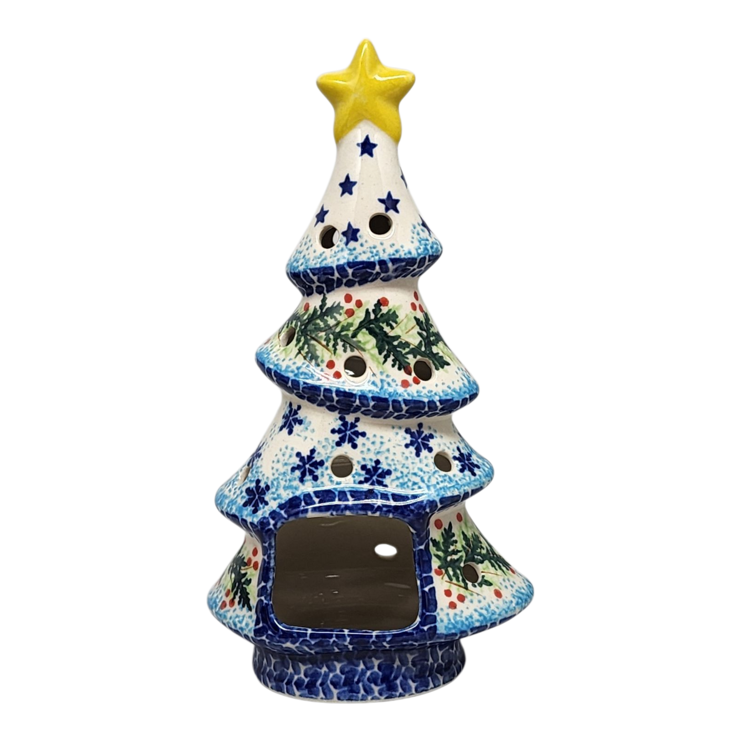 Polish Pottery Christmas Tree Luminary - Winter Wonderland Pattern - - Christmas >> Decor
