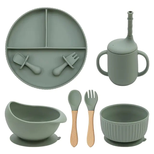 Baby Weaning Solid Food Plate Bowl Set - dark green - feeding set