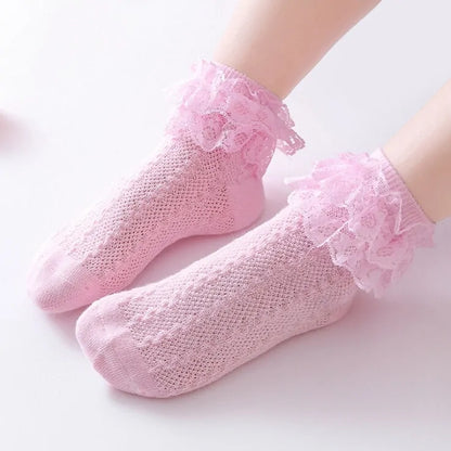 Girls Breathable Ruffled Lace Socks Pink 6-7Y