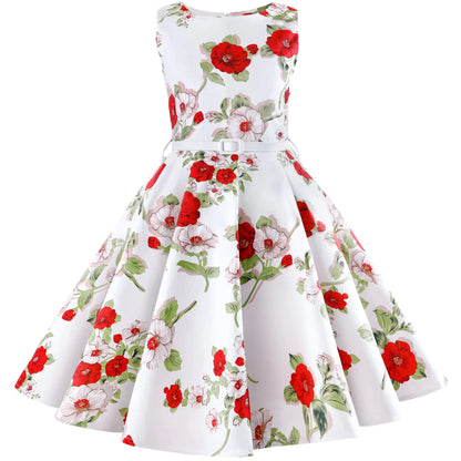 Girls Vintage Dress 50s Retro Size 6-14 Sleeveless Kids Dress - White-red Rose 14 - dress