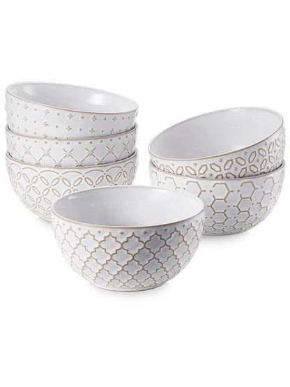 Set of 6 White 4.5 Inch Ceramic Embossment Stoneware Bowls - 4.5 Inch - bowls