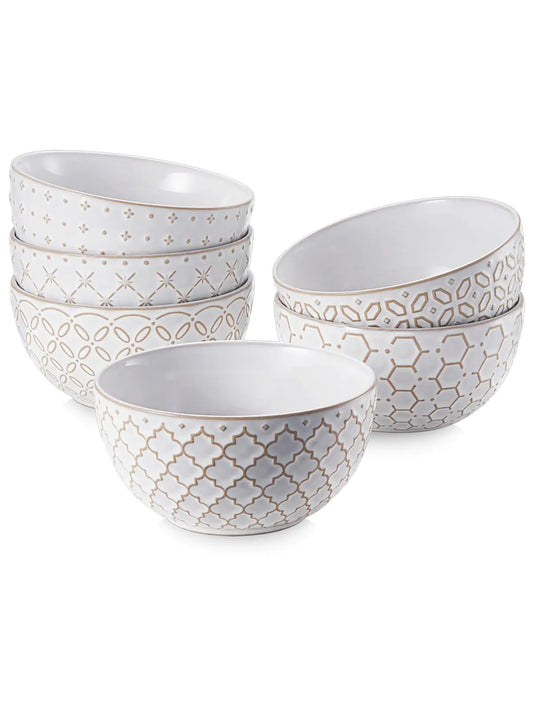 Set of 6 White 4.5 Inch Ceramic Embossment Stoneware Bowls - 4.5 Inch - bowls