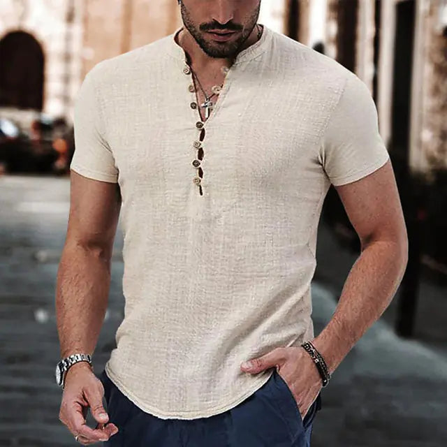 2023 Men's Casual V-Neck Button Short Sleeve Shirt - Kia Day Design