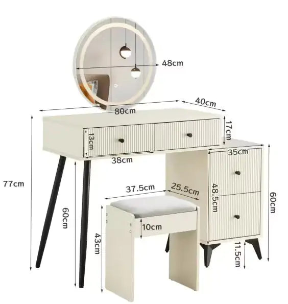 Fluted Makeup Vanity Desk With Round LED Mirror And Lights - - vanity