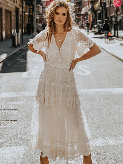 Hollow Out White Lace Long Dress - Kia Day Design