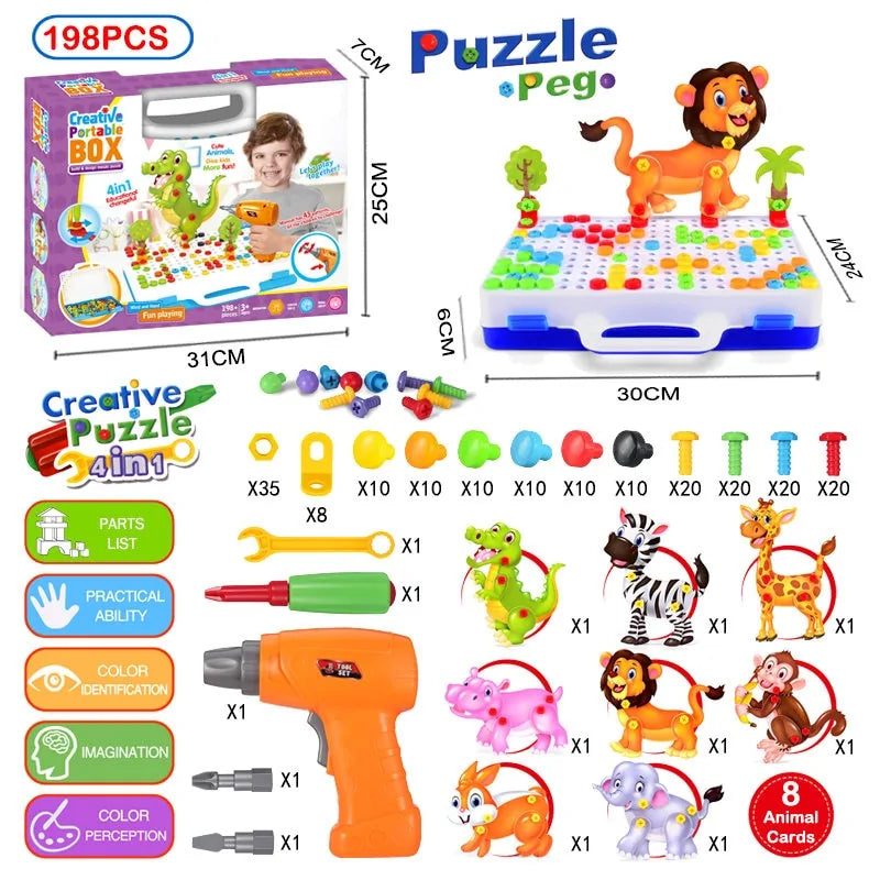3D Mosaic Puzzle Building Set with Tools - 198PCS With Box 198 Pieces - toy
