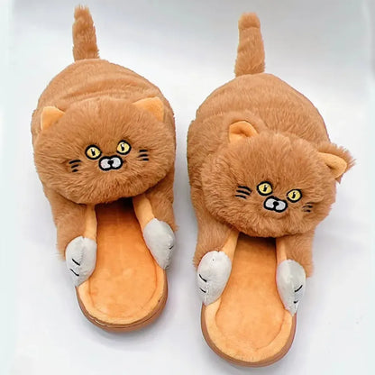 Kawaii Cat Winter Slippers for Women & Men - Khaki -