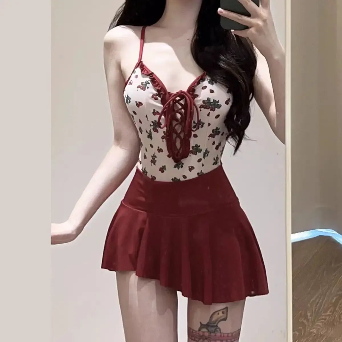 Cherry Print Lace-Up Swimsuit – Kawaii Pleated Skirt Bikini Set - Red - Swimwear