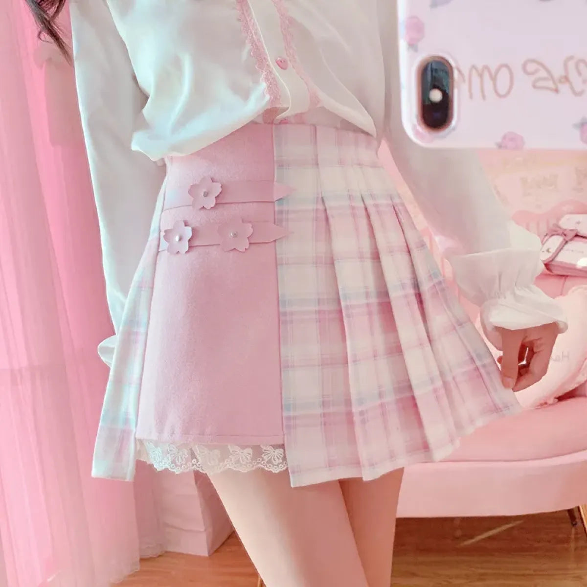 Kawaii Winter Wonderland: High-Waist Plaid Mini Skirt - Pink -