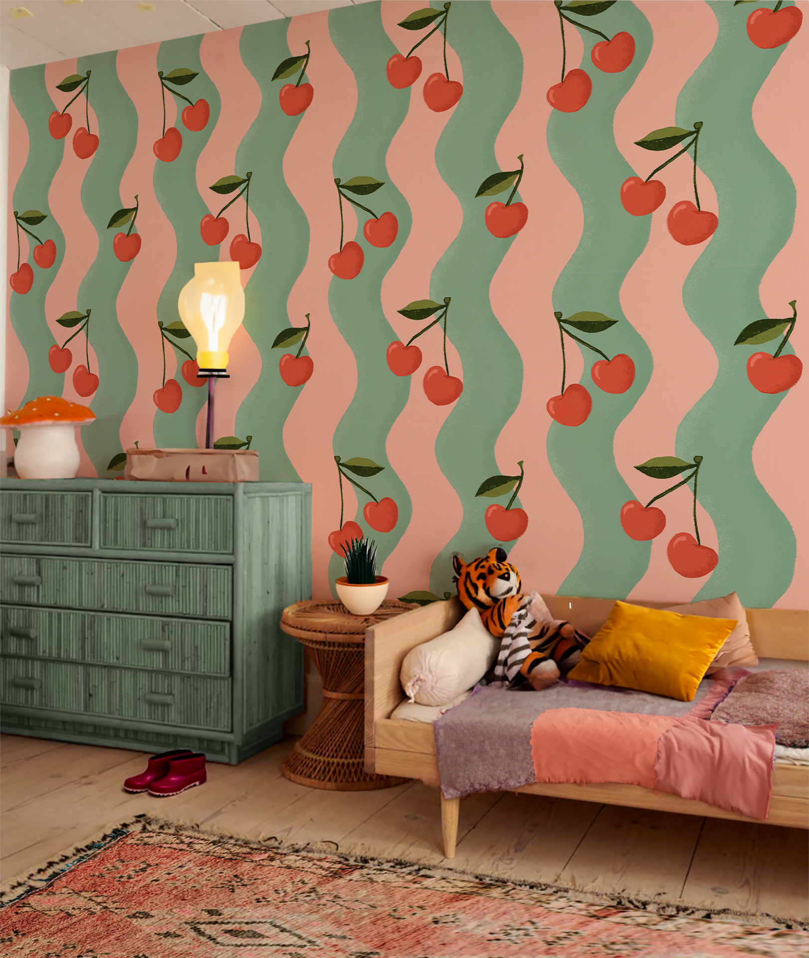 Wavy Cherry Wallpaper, pink and teal- Samantha Santana Creative- {{Product type}}