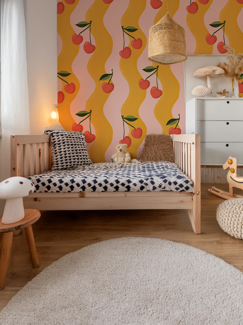 Wavy Cherry Wallpaper, pink and yellow- Samantha Santana Creative- {{Product type}}