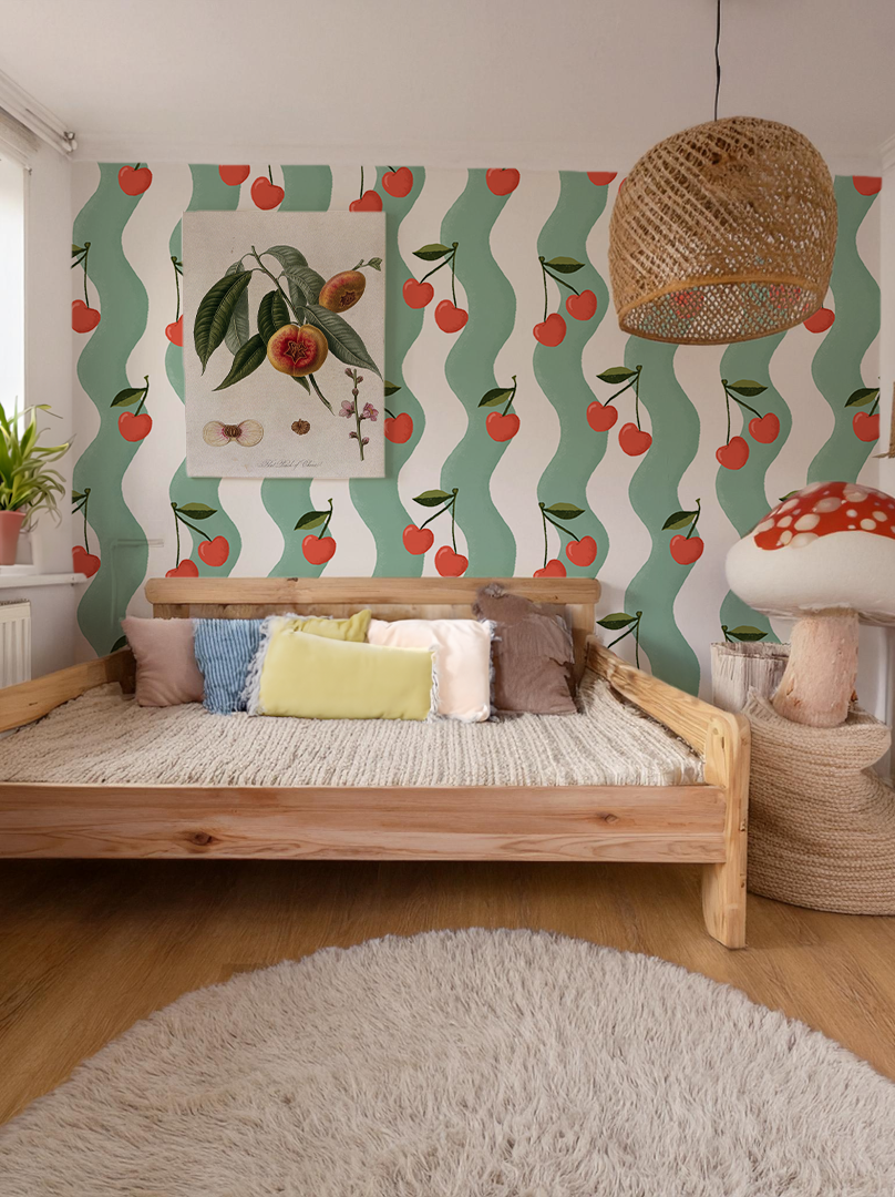 Wavy Cherry Wallpaper, white and teal- Samantha Santana Creative- {{Product type}}