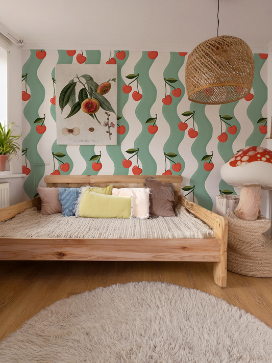 Wavy Cherry Wallpaper, white and teal - - Wallpaper
