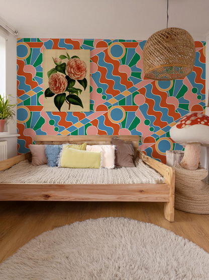 Day Trippin' Wallpaper, blue, green, pink and brick red- Samantha Santana Creative- {{Product type}}