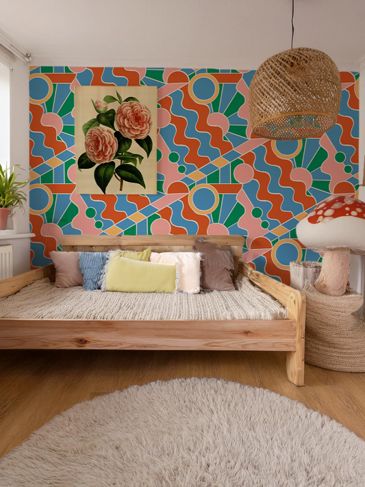 Day Trippin' Wallpaper Blue, Green, Pink and Brick Red - - Wallpaper