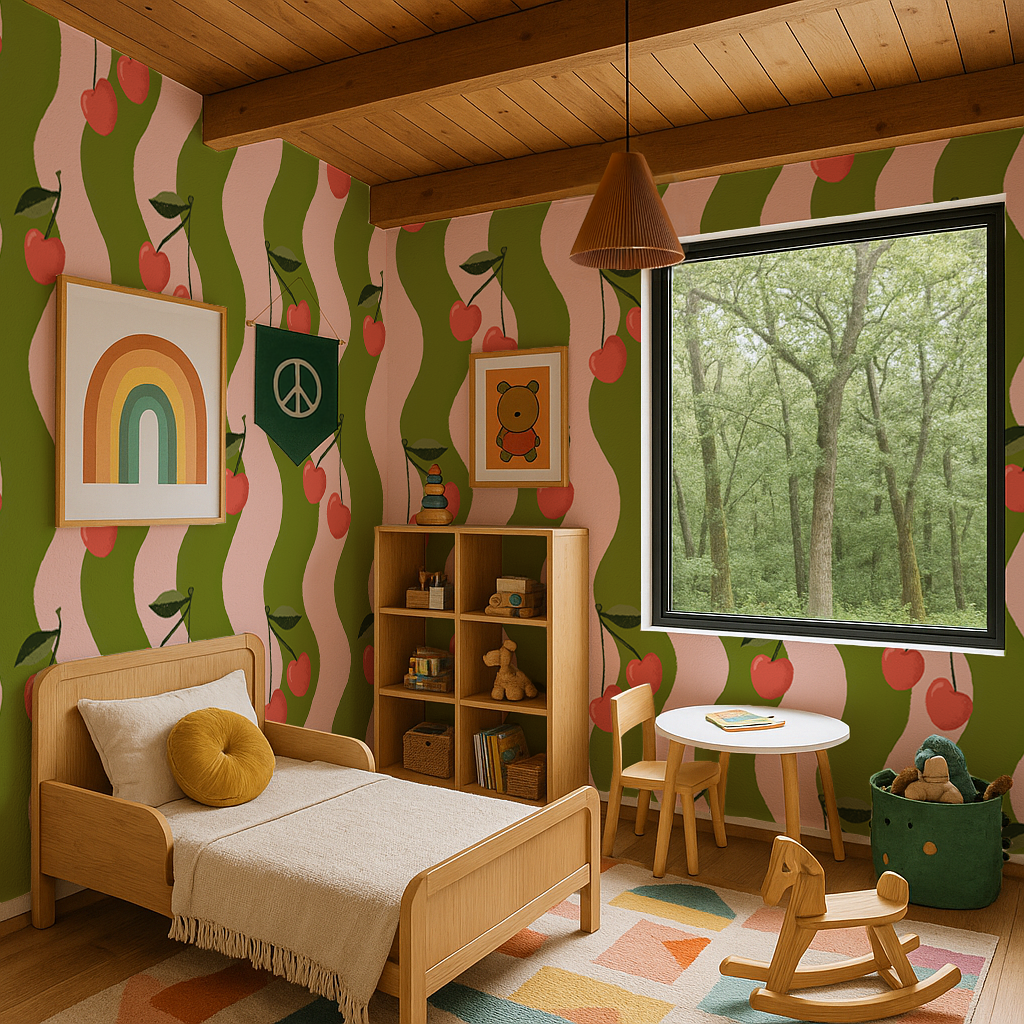 Wavy Cherry Wallpaper, pink and green- Samantha Santana Creative- {{Product type}}