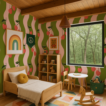 Wavy Cherry Wallpaper, pink and green- Samantha Santana Creative- {{Product type}}