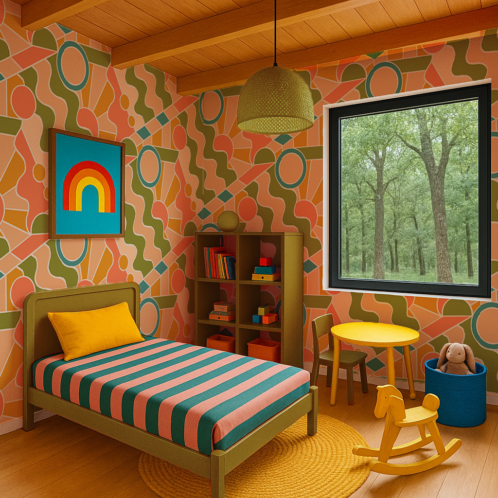 Day Trippin' Wallpaper, olive green, peach, coral and blue- Samantha Santana Creative- {{Product type}}