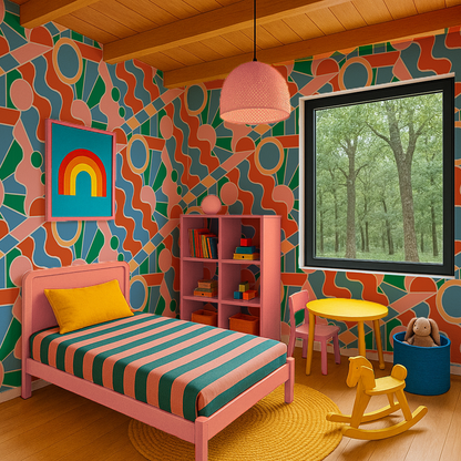 Day Trippin' Wallpaper, blue, green, pink and brick red- Samantha Santana Creative- {{Product type}}