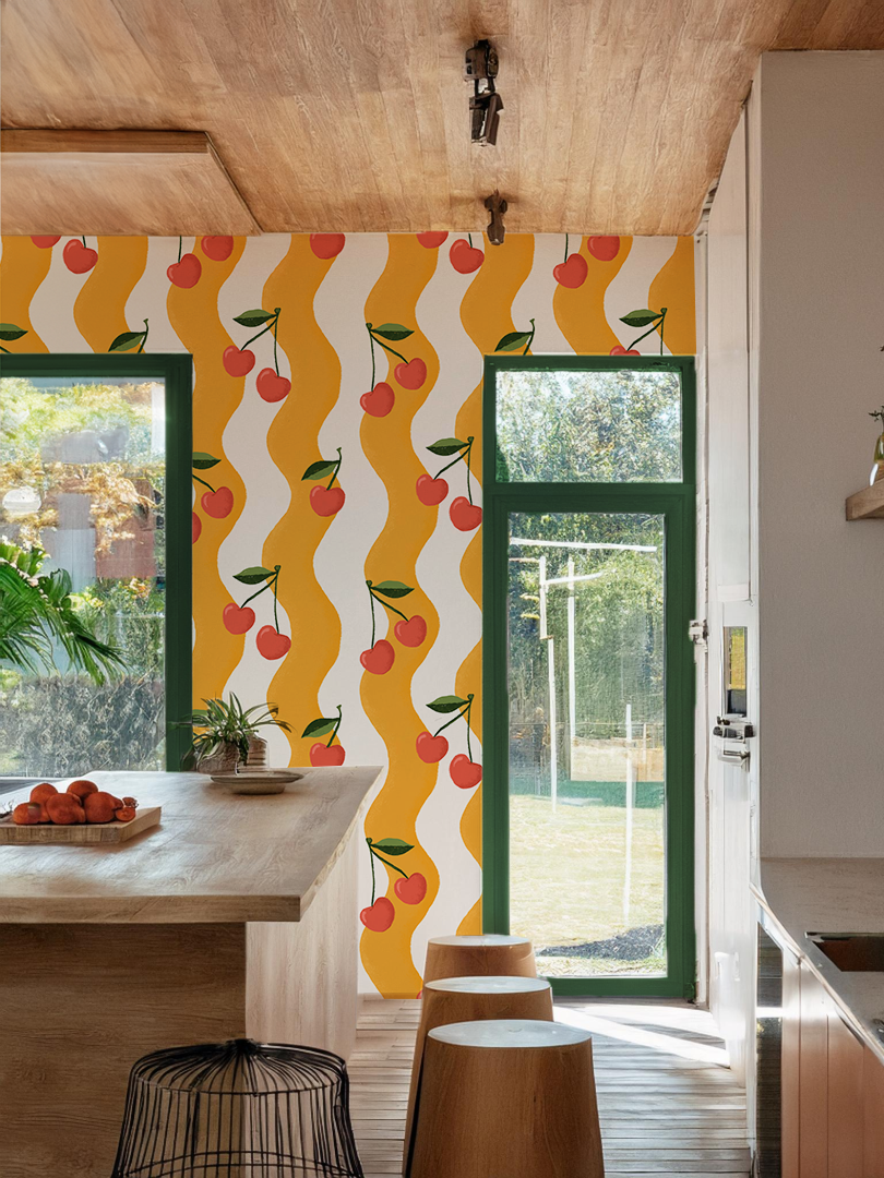 Wavy Cherry Wallpaper, white and yellow- Samantha Santana Creative- {{Product type}}